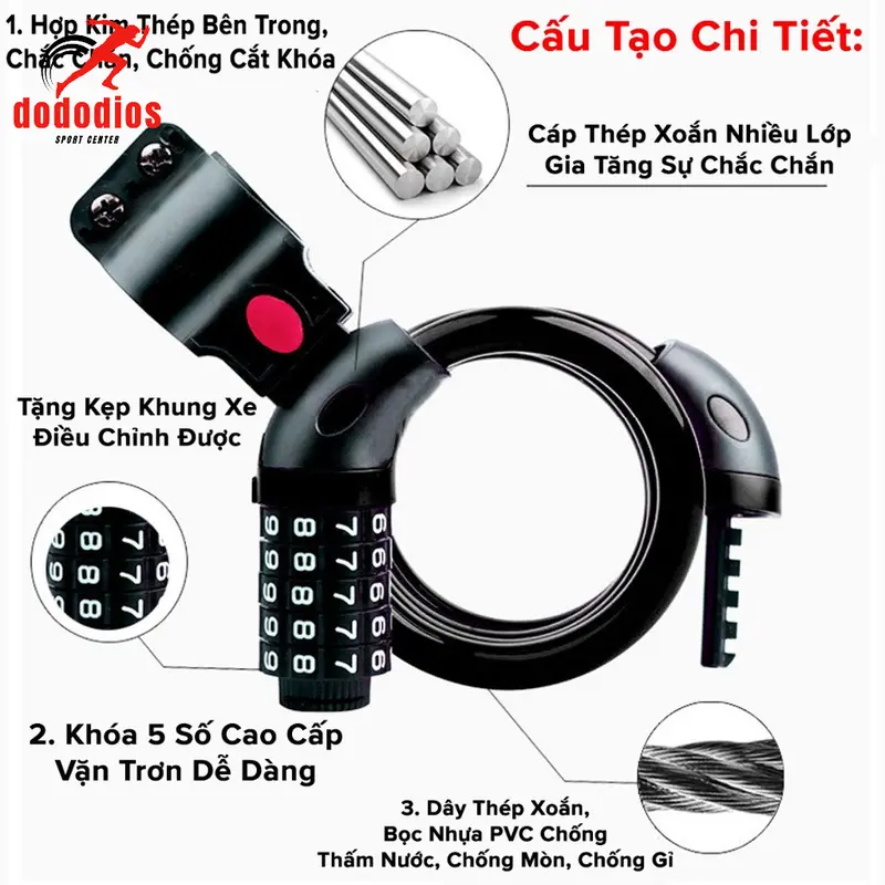 Khóa Xe Đạp Dây Lõi Thép 5 Số Dài 120cm – Chọn Màu – Bộ Khóa Xe Máy Thông Minh Chống Trộm Cao Cấp Chính Hãng Dododios Gắn Xe Đạp Đạp Xe Đạp Sport 4