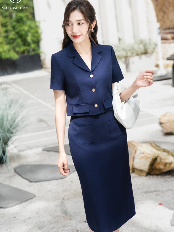 Set bộ thời trang áo croptop+ chân váy bút chì NGOC ANH TRAN màu xanh than- Mã A048