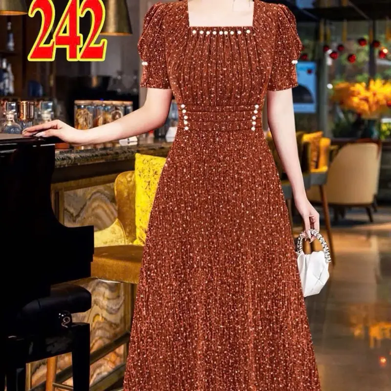 Mã242 Đầm Đi Tiệc Hàng Thiết Kế Trung Niên-Thun Kim Sa Co Giãn 4Chiều
