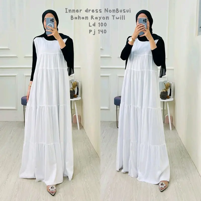 Inner Dress Rempel Susun Bahan Rayon Premium Basic Busui Tanpa lengan Panjang Casual 1