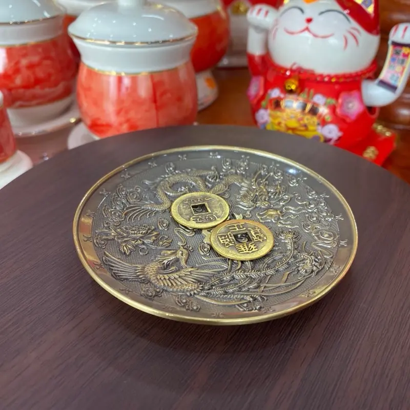 Đĩa xin đài Âm Dương + 2 Xu Âm Dương  bằng đồng khắc Long Phụng Ngũ Phúc cực đẹp 2