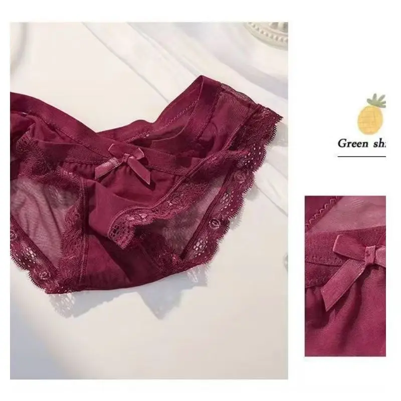 Japanese Style Thin Mesh Panties Women's Low Waist Pure Cotton Crotch Sexy Cross Bow Lace Sheer Briefs