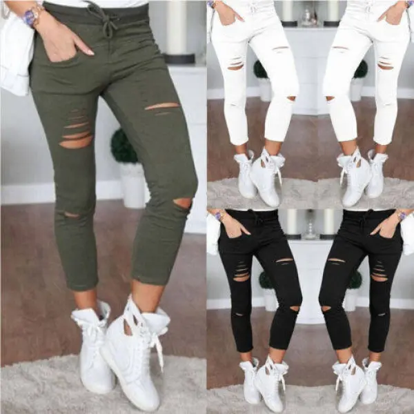 Jean koyak berlubang untuk wanita, Seluar denim, kasual, Regangan, Langsing, pensel, Legging