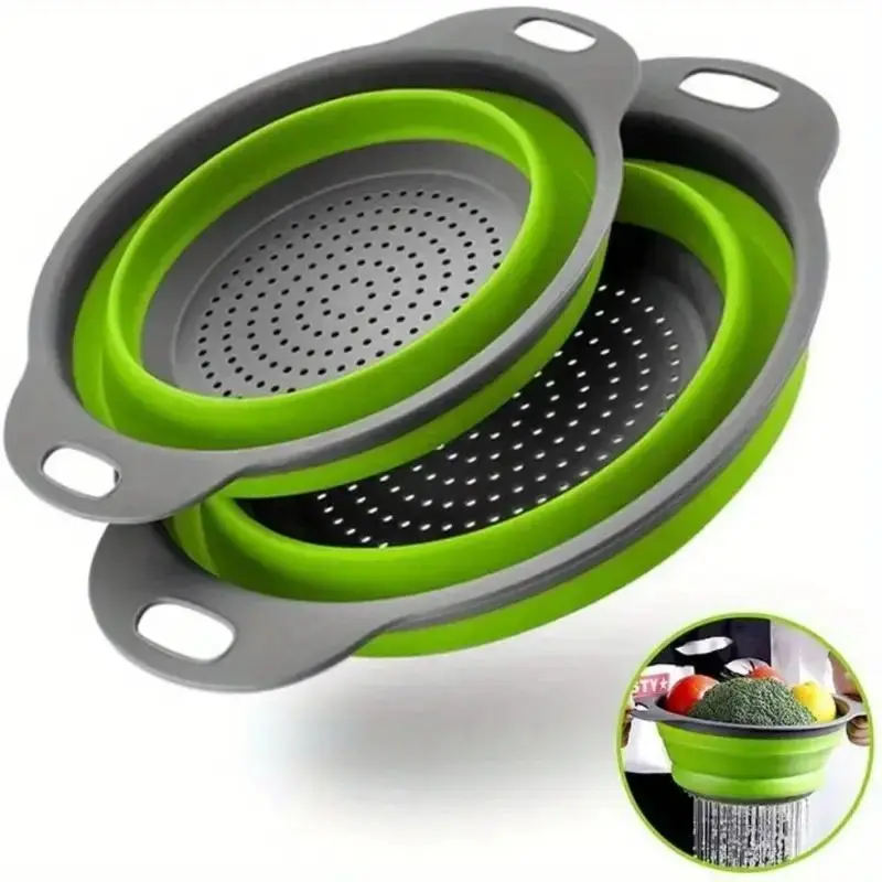 Foldable Silicone Drain Basket, 2 Counts/set Reusable Fruit & Vegetable Washing Basket, Kitchen Utensils & Gadgets for Home Kitchen Camping