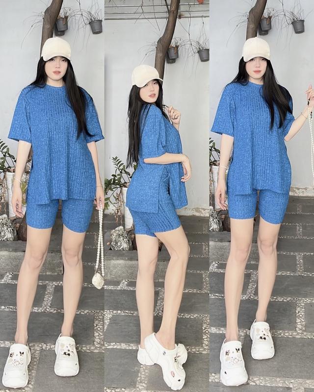 B1 Bộ mặc nhà quần ngố chất len lông mịn áo form rộng xẻ tà 2 bên có túi