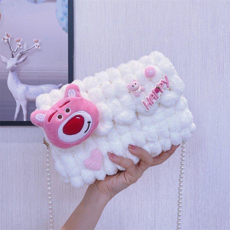 TÚI TỰ ĐAN-TÚI HANDMADE TỰ ĐAN GẤU DÂU TÚI TỰ ĐAN GẮN GẤU DÂU NGỘ NGHĨNH DỄ TƯƠNG CÓ HƯỚNG DẪN CHI TIẾT Len Bag Đeo Chéo Đeo Vai Nữ Canvas Tote Da Nhung