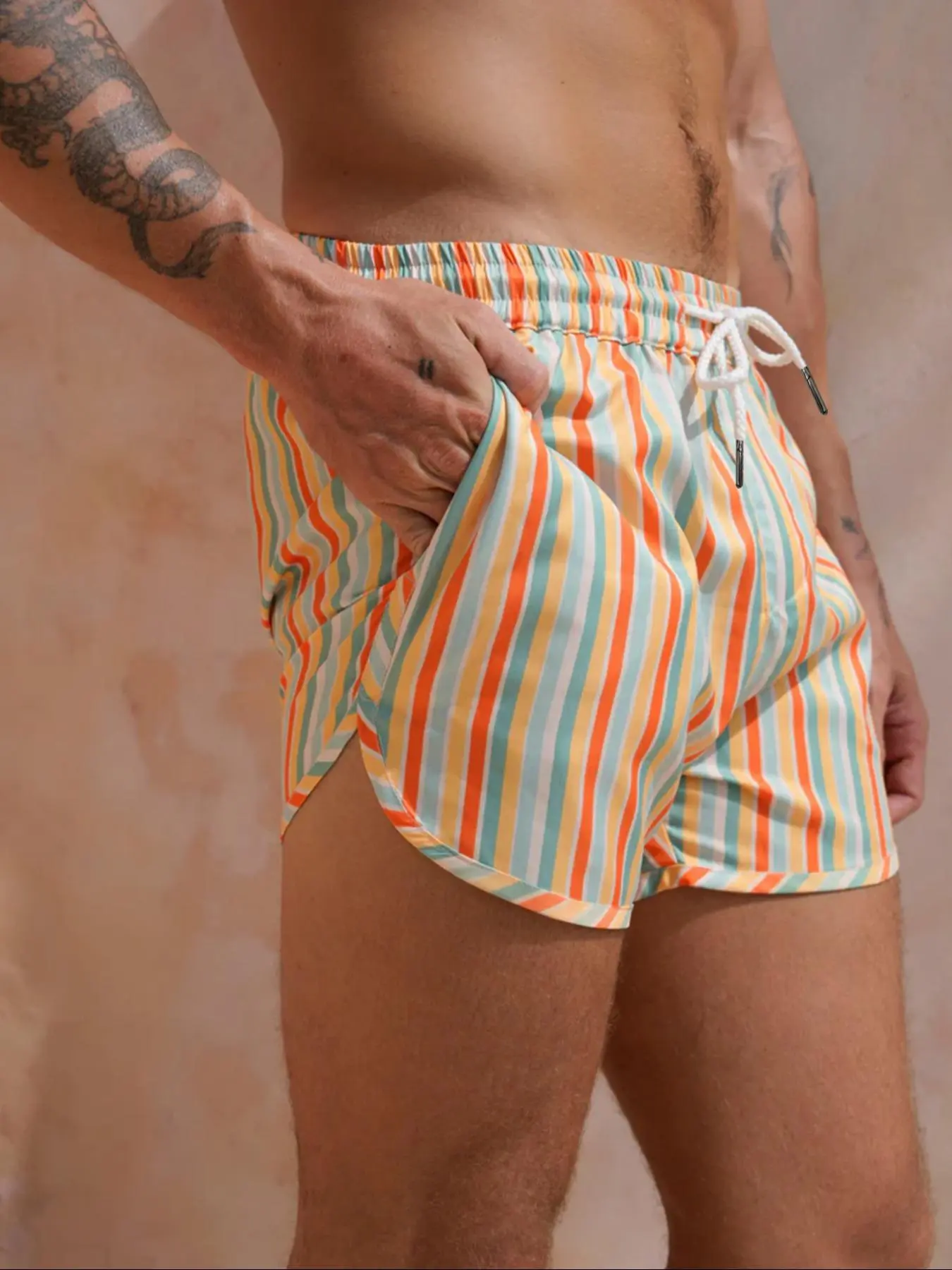 Men's Regular Fit Striped Print Boxer Brief Swim Shorts, Casual Comfy Breathable Swim Shorts for Summer, Men's Swimwear for Beach Vacation
