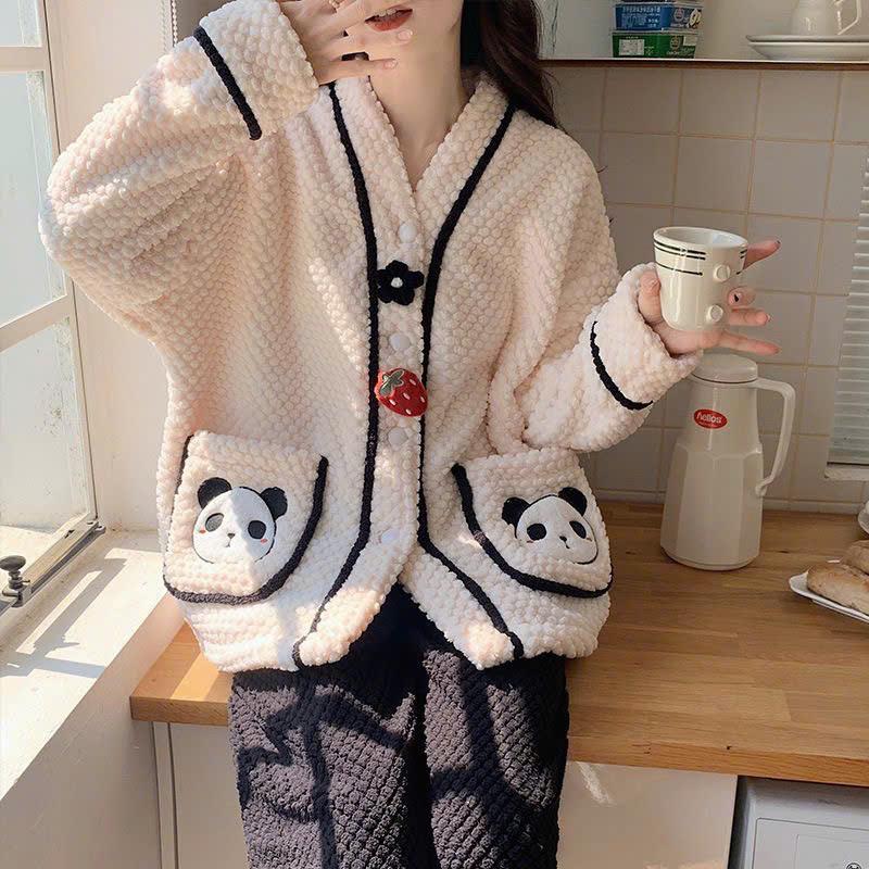 LUNA Bộ ngủ lông san hô cổ V cho nữ lông 2 mặt siêu mềm êm nhẹ ấm giữ nhiệt tốt mặc mùa đông cho nữ Áo Women