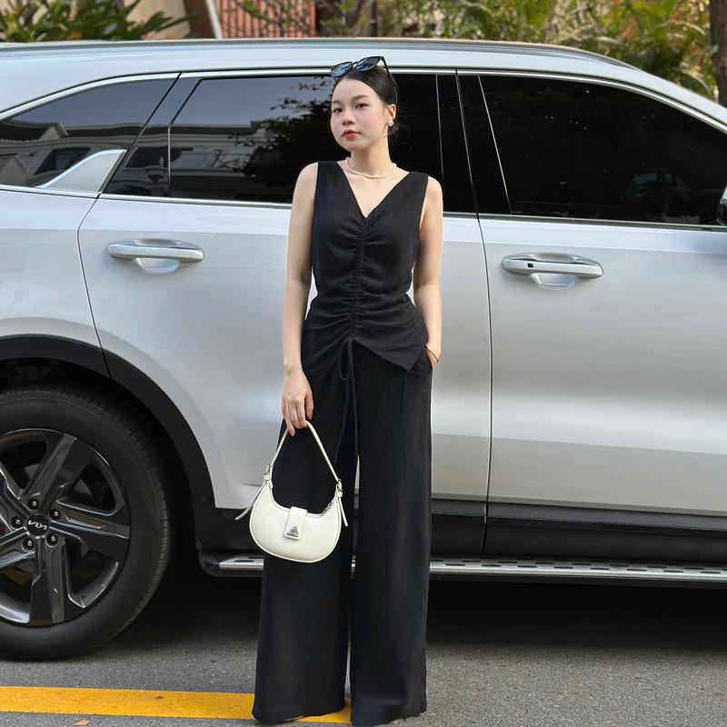 S130 SET ĐỒ NỮ GỒM ÁO CỔ V RÚT DÂY KÈM QUẦN SUÔNG ỐNG RỘNG CHẤT LINEN FREESIZE tổng hợp các set đồ nữ đẹp Women Kem Top Ong