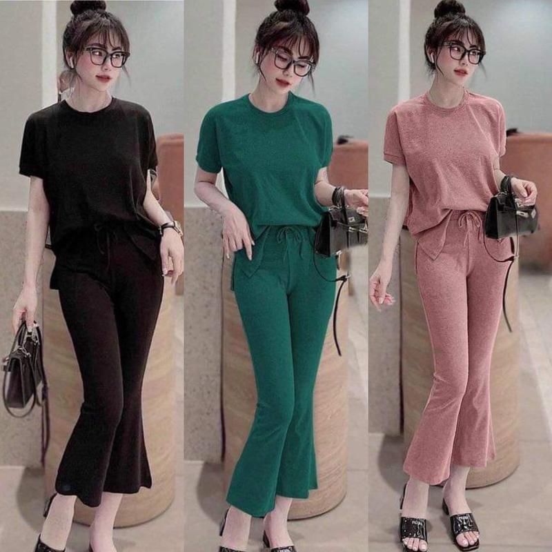 SET BỘ THUN GÂN TĂM ÁO CỔ TRÒN XẺ TÀ NGẮN KÈM QUẦN ỐNG LOE DÀNH CHO NỮ Women Top Ong Kem Đen đen tay nâu khỏe mạnh
