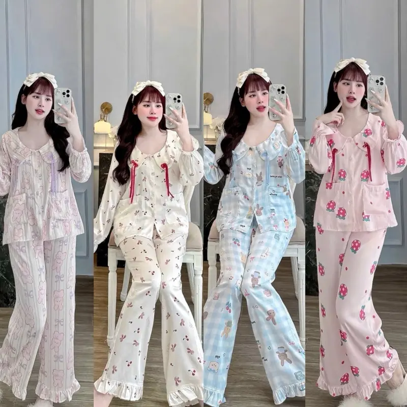 Bộ Lụa Latin Tiểu Thư Cổ Nơ Nhí Sang Đẹp Nhiều Hình Mới Xinh Đẹp Cho Nữ Pijama Women Mặc Nhà