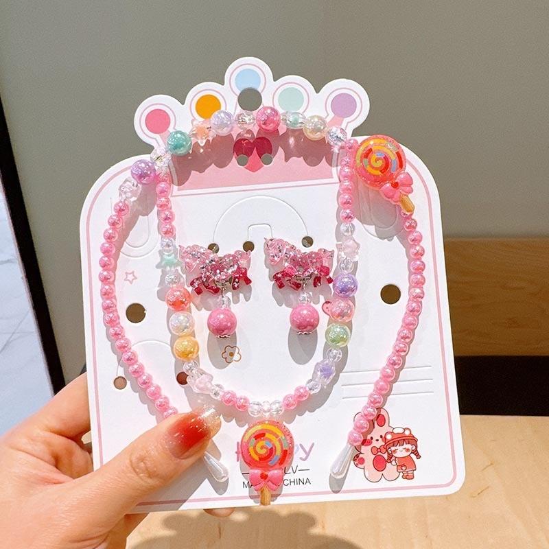 Children's Necklace Jewelry Set Colorful Beaded Bracelet Cartoon Hair Hoops Earrings Princess Girl Accessories 4