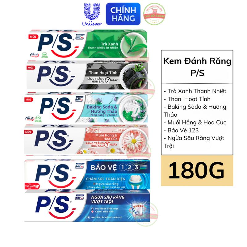 Kem Đánh Răng PS Trà Xanh | Than Hoạt Tính | Baking Soda | Muối Hồng | Bảo Vệ 123 | Ngừa Sâu Răng VT - Tuýp 180G