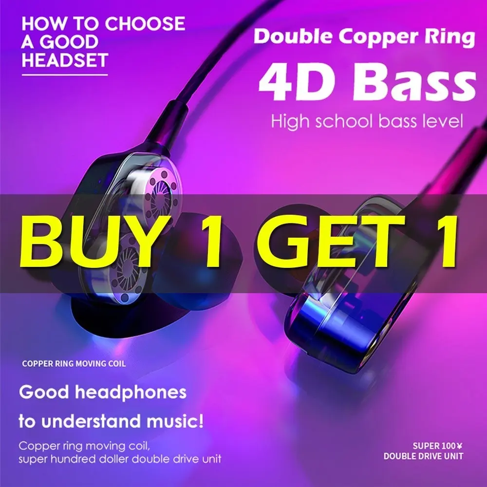 [Buy 1 Get 1 Free] 4D Bass Double Speaker Earphones Wire 3.5MM Dual Drive Stereo HiFi Noise Reduction With Mic In-Ear Game Headphone Fireod