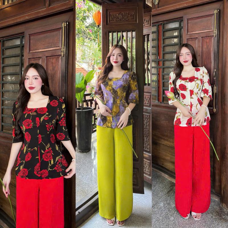 Product Introduction of SÉT ÁO KÈM QUẦN BÀ BA CỔ VUÔNG TAY LỠ HOA HỒNG CHẤT VẢI LỤA MANGO CÓ 2 SIZE LỚN VÀ NHỎ 17