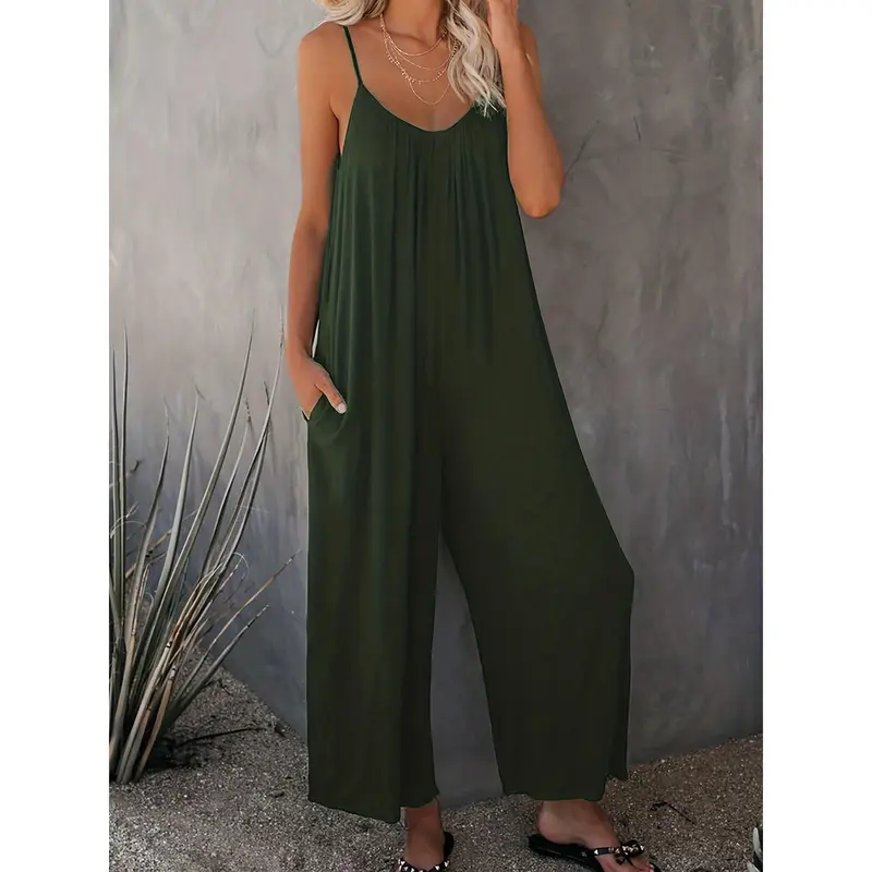 Plus Size Basic Jumpsuit, Women's Plus Solid V Neck Wide Leg Summer Cami Jumpsuit 2