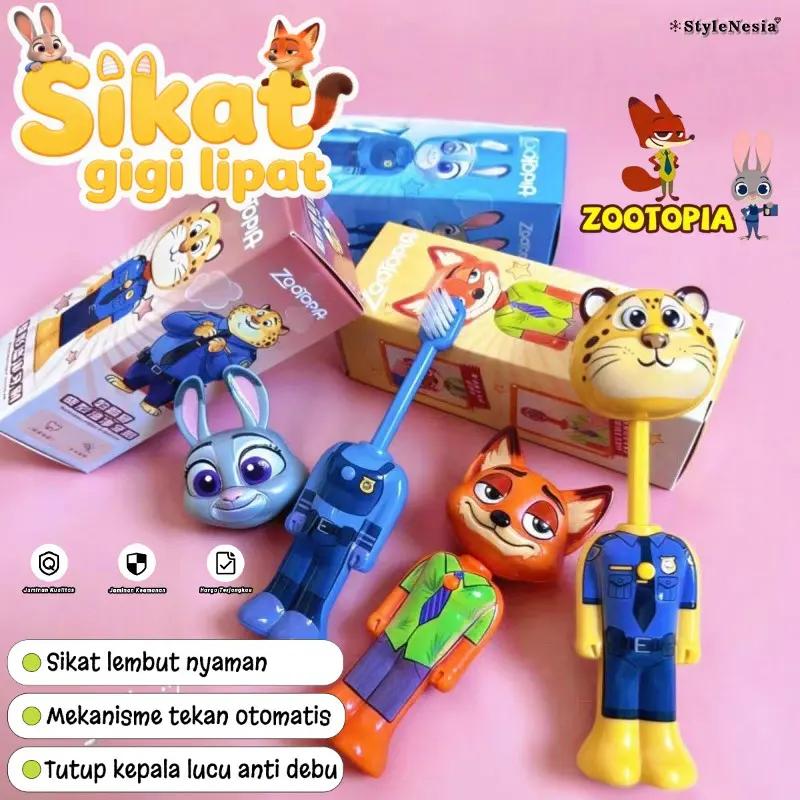 Sikat Gigi Anak Teleskopik Karakter Zootopia - 3in1 Set Judy, Nick & Clawhauser, Bulu Lembut & Tekan untuk Perpanjang, Cocok untuk Travel Usia 3-8 Tahun