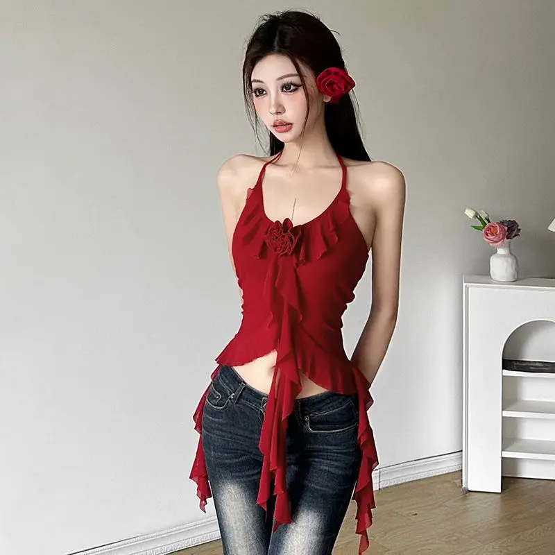 2024 Xiacnee Three-Dimensional Flower Halter Sleeveless Vest for Women Slim Fit Irregular Ruffle Top