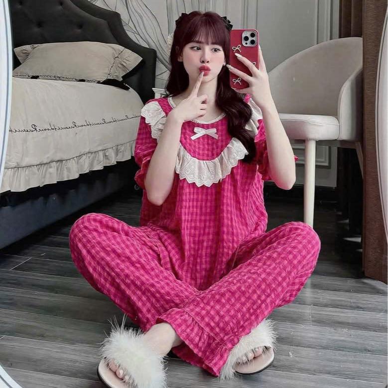 Set Đồ Bộ Bầu Kẻ – Áo Cộc + Quần Dài | Mặc Bầu & Sau Sinh Tiện Lợi