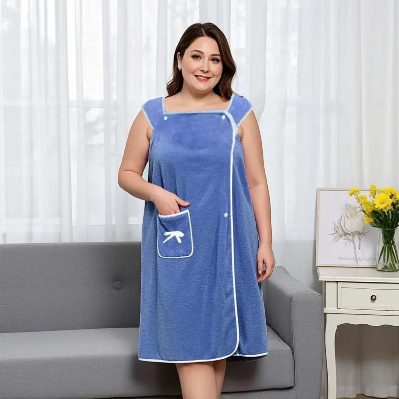 Women's Plus Size Bow Decor Wearable Bath Towel, Soft Shower Skirt for Women, Adjustable Bath Robe with Pocket for Home and Travel, Gowns