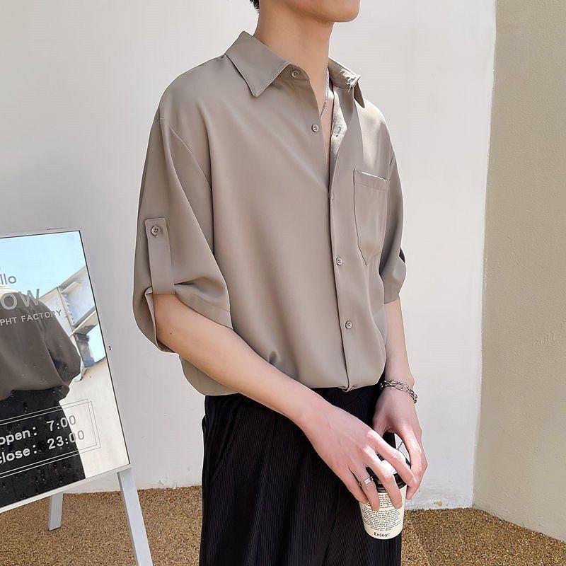 Product Introduction of Summer Ice Silk Thin Shirt Men's Short Sleeve Korean Style Trendy Five-Quarter Sleeve Shirt Mature Style Cool Men's Top Closed 24