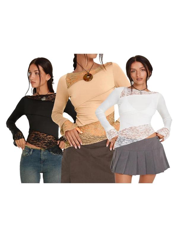 Women's Asymmetrical Hem Long Sleeve Contrast Lace Sheer Boat Neck Tee, Summer Tops, Comfort Womenswear, Minimalist Lady Top, Fashion Casual Fitted Flounce Sleeve T-shirt for Spring & Fall, Holiday Outfits, Women's Clothing for Daily Outdoor Wear 3