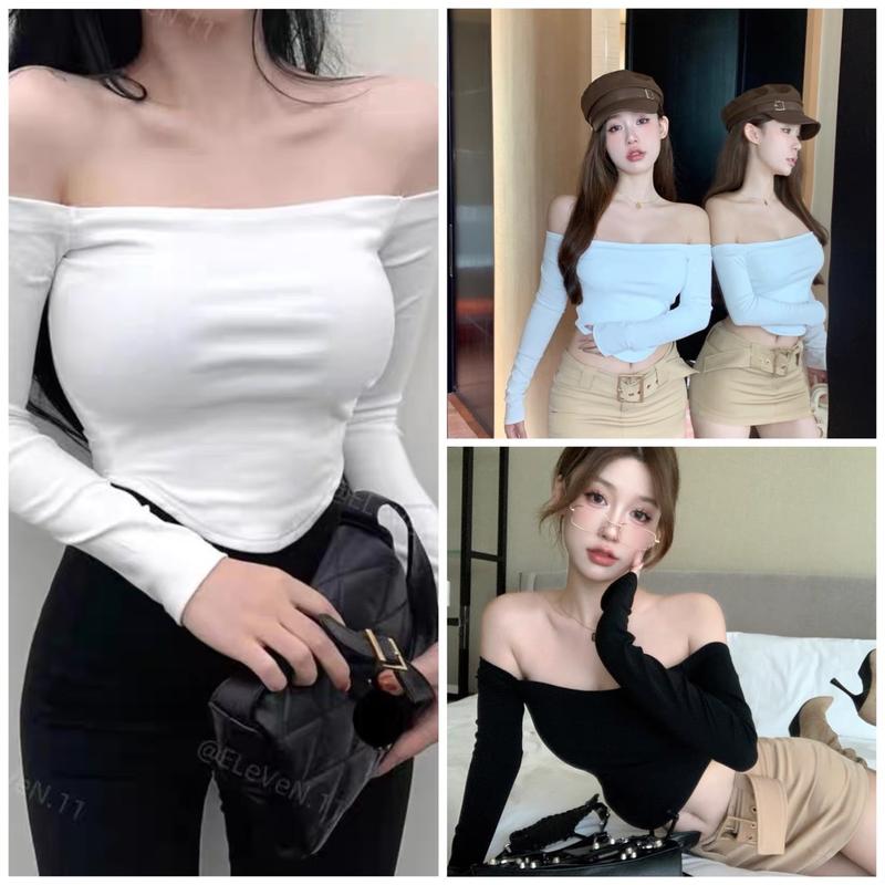 Áo kiểu thun tay dài tà bầu trễ vai siêu cute cho nữ đáng croptop