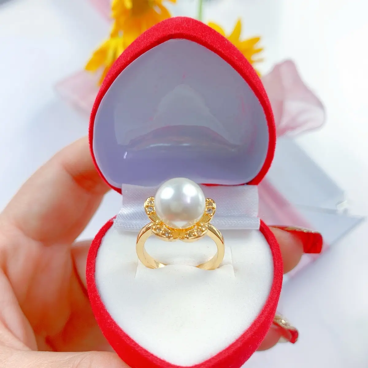 Nhẫn Ngọc Trai san hô mạ  vàng 24k  hoa 5cánh  xiêu xinh  không gỉ