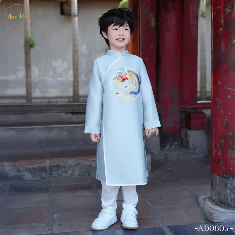 Áo dài bé trai ALBERKIDS Xanh Đỏ Thêu Phượng cho trẻ em 2,3,4,5,6,7,8,9,10,11,12 tuổi AD0805 0
