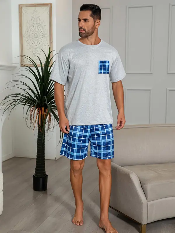 Men's Plaid Print Pocket Tee & Shorts Pajama Set, Casual Comfy Short Sleeve T-shirt & Shorts, Men's Sleepwear for Summer 2