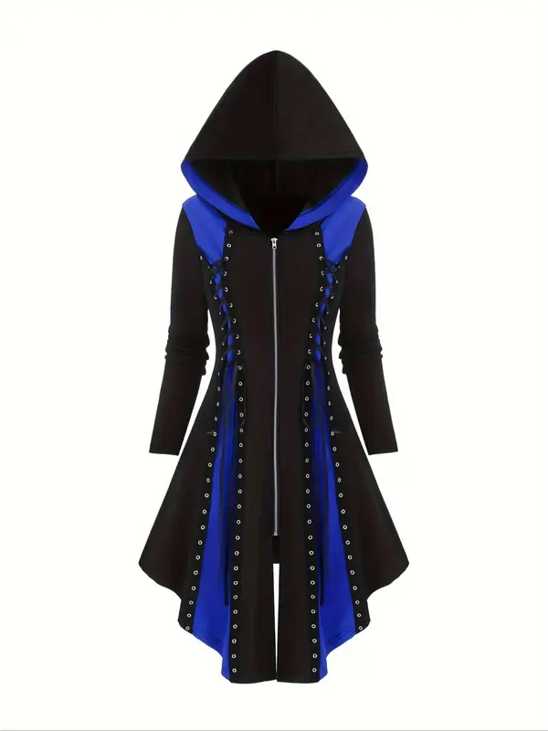 Women's Colorblock Lace Up Grommet Eyelet Zipper Hooded Dress, Punk Fashion Long Sleeve A Line Dress for Daily Outdoor Wear, Ladies Clothes for Spring & Fall 3