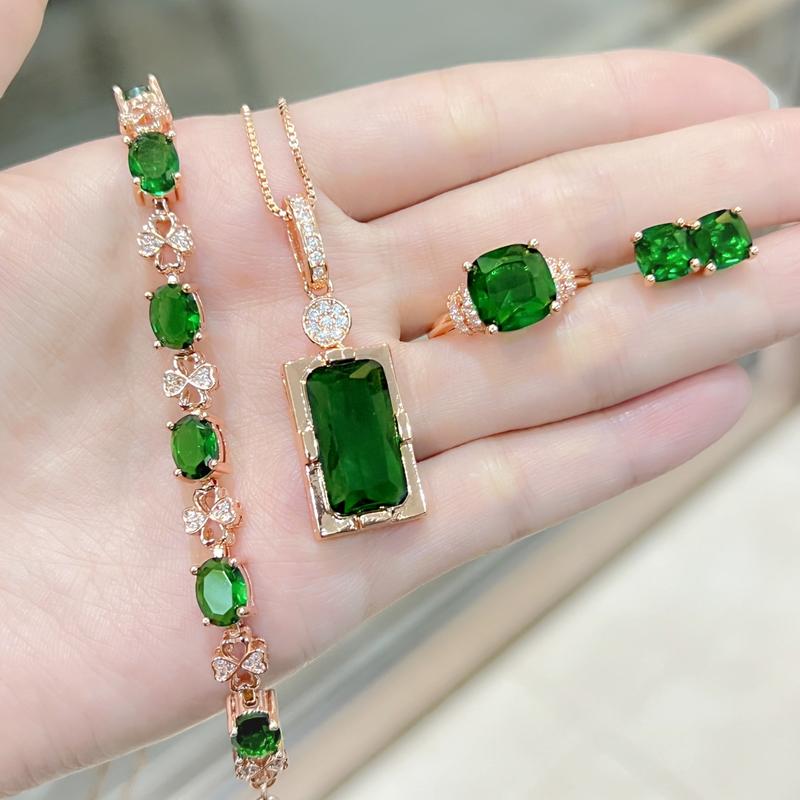 Product Introduction of Rose Gold Plated Emerald Diamond Earrings Ring Pendant Necklace Jewelry Set Exquisite Green Diamond Jewelry cincin perak ring silver silver diamond cincin perak lelaki 15
