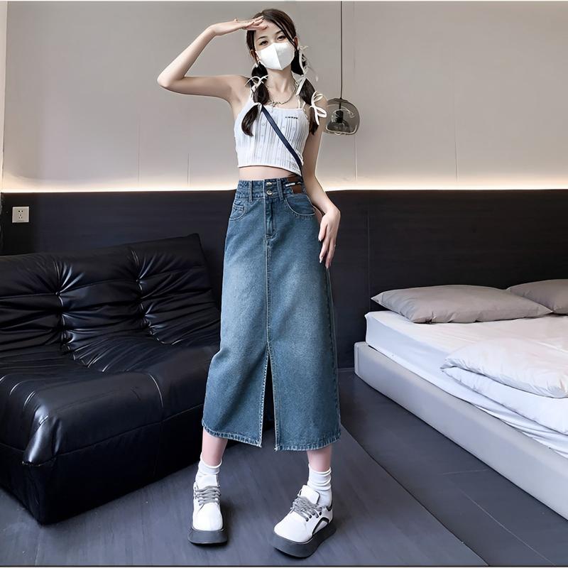 Product Introduction of SeeYouLady Denim Skirt for Women Korean High Waist Long Denim Skirt Look Thinner Look Taller  Womenswear 18
