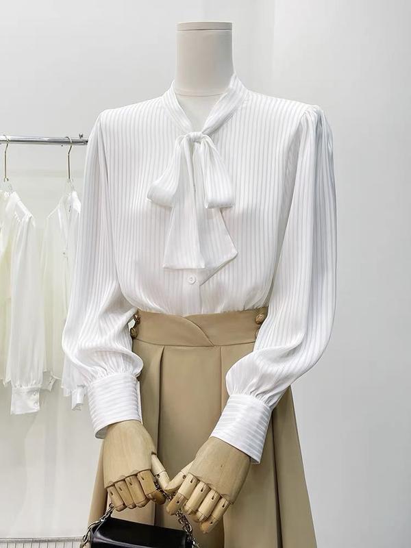 Áo sơ mi nữ thiết kế vải Lụa tơ tằm sọc mềm mát áo kiểu mùa hè cổ nơ sang trọng LAMO-B1234