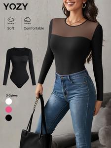 YOZY Women's Solid Sheer Round Neck Bodysuit, Casual Long Sleeve Bodysuit for Daily Wear, Ladies Clothes for All Seasons