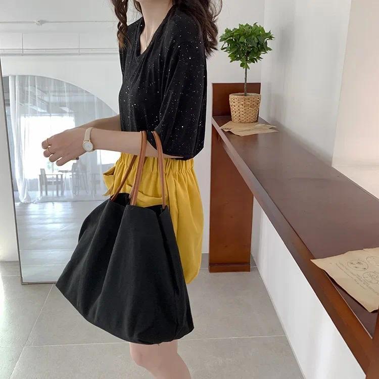 Product Introduction of White Black Shoulder Bag Classic Canvas Books Storage Handbag Snap Fastener Tote Bolso Student Books Storage Bags Bolsa Femimina 13
