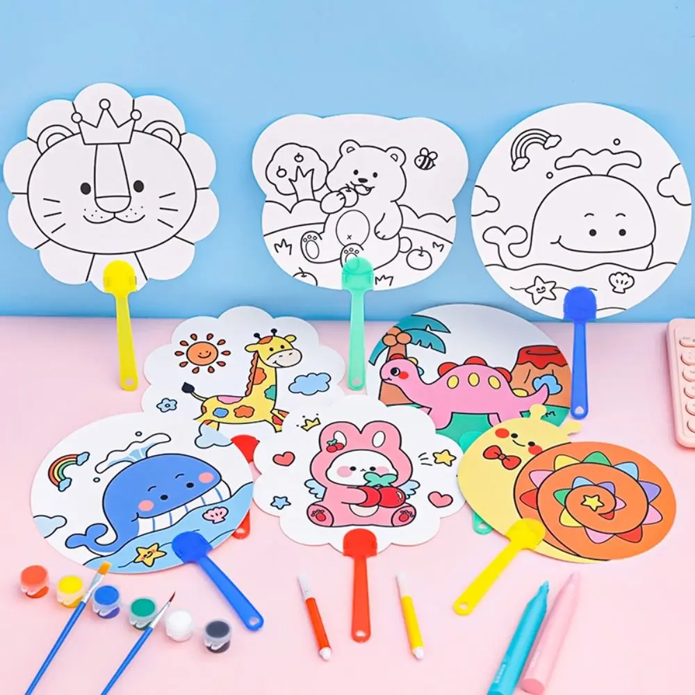 Creative Whale DIY Color Filling Fan Toy Bear Giraffe Blank Graffiti Painted Fan Toy Lion Rabbit Cartoon Animals Painting Fan Gifts
