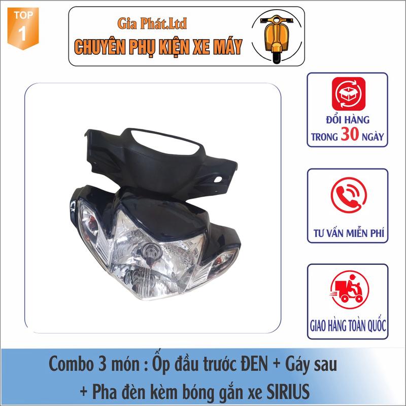 CÓ BÁN LẺ Bộ ốp đầu màu ĐEN gắn xe SIRIUS đầy đủ Ốp đầu trước Gáy sau và Pha đèn kèm bóng