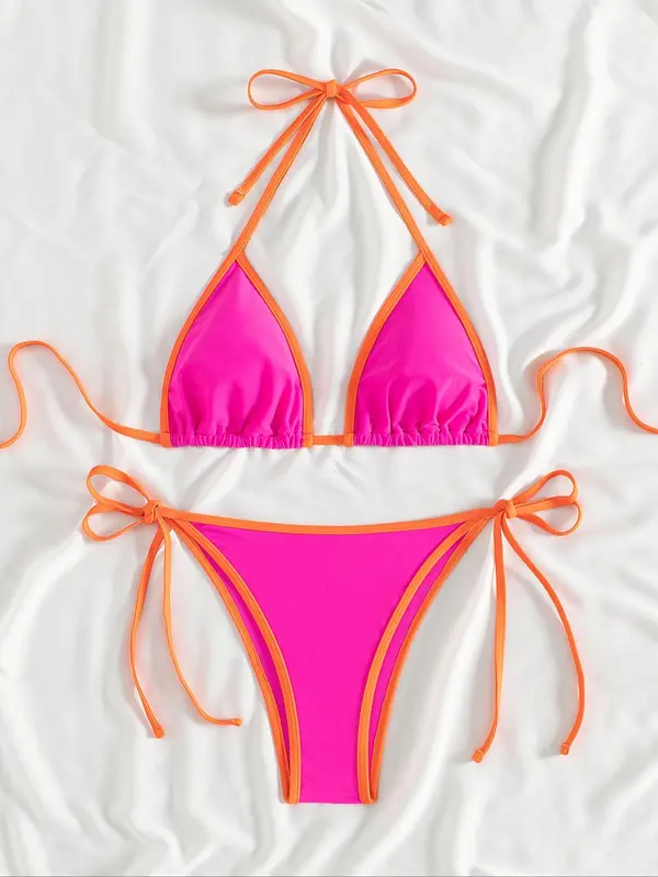 Two-Piece Set Women's Contrast Binding Tie Back Bikinis Set, Colorblock Halter Neck Triangle Swim Bra & Tie Side Swim Bottom, Ladies Summer Swimwear for Beach Holiday Vacation 1