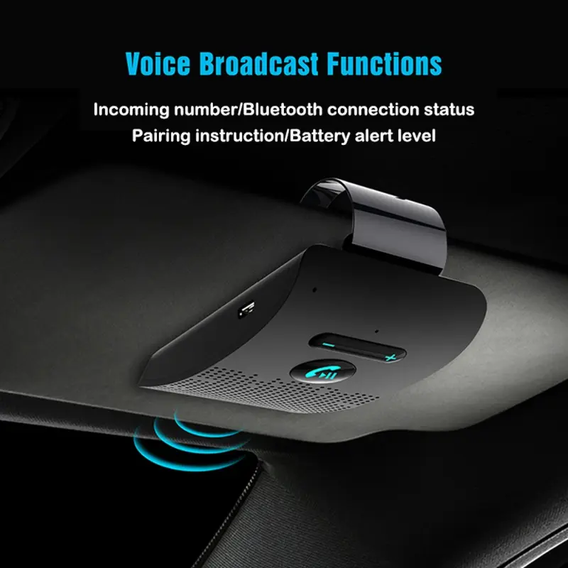 Bluetooth 5.0 Handsfree Car Kit Hifi Speaker 2W Wireless Audio Receiver MP3 Music Player Noise Cancelling Sun Visor Clip 1