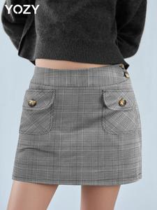 YOZY Women's Plaid Print Button Pocket Split Skirt, Y2K Fashion Casual Skirt for Daily Outdoor Wear, Ladies Bottoms for All Seasons