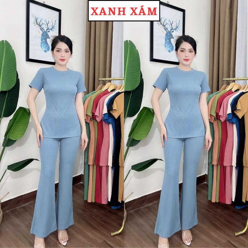 S18 Set bộ áo cổ tròn tay ngắn xẻ tà Store Phương Linh quần óng loe chất len sọc dày dặn đủ size S, M, L, XL, XXL phù cho các dịp thông thường Có thể giặt bằng máy 3