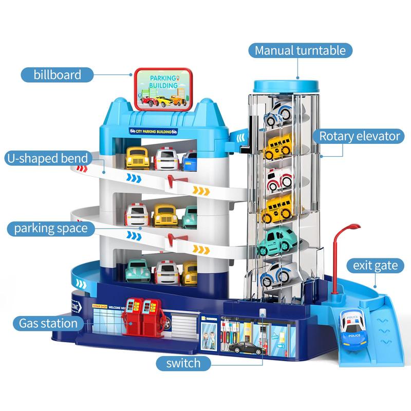 Car Parking Game Set, Garage Track with Elevator & 4 Car Set, City Parking Building Toy For Kids 4