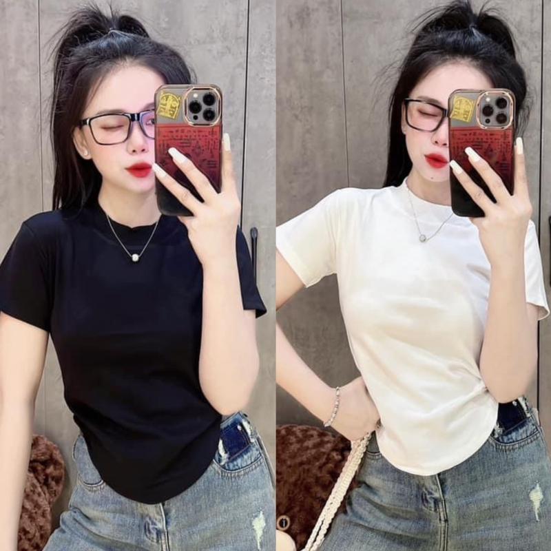 [ Có Size 35kg - 58kg ] Áo thun nữ PHOM ÔM Baby tee Cổ Cao vạt bầu tay ngắn trơn 4 màu