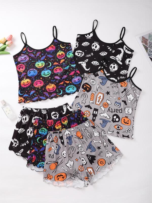 6 Pieces Women's Contrast Binding Lettuce Trim Cami Top & Shorts Pyjamas Set, Casual Comfy Halloween Pumpkin & Skull Print Camisole & Shorts Pj Set, Sleepwear Set for Women, Co-ord Sets for Women, Nightwear 8