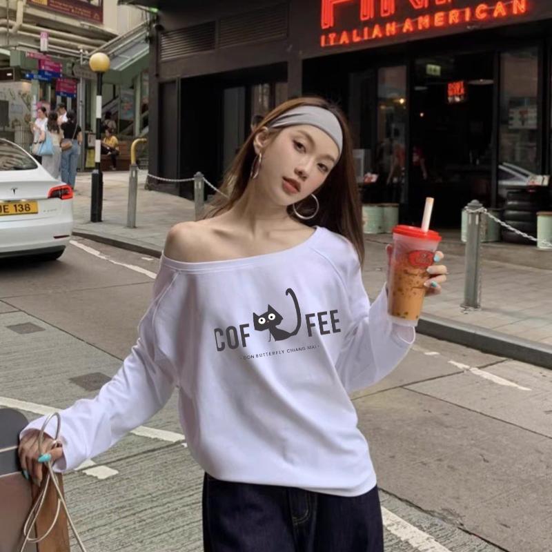 Product Introduction of Áo thun Dài Tay Nữ Lệch Vai In Hình ANHSTORE, chất 100% cotton 4 chiều cao cấp, phom rộng cá tính - Top Nữ - Women áo  lệch áo  ngang Nhung Cổ Tròn 19