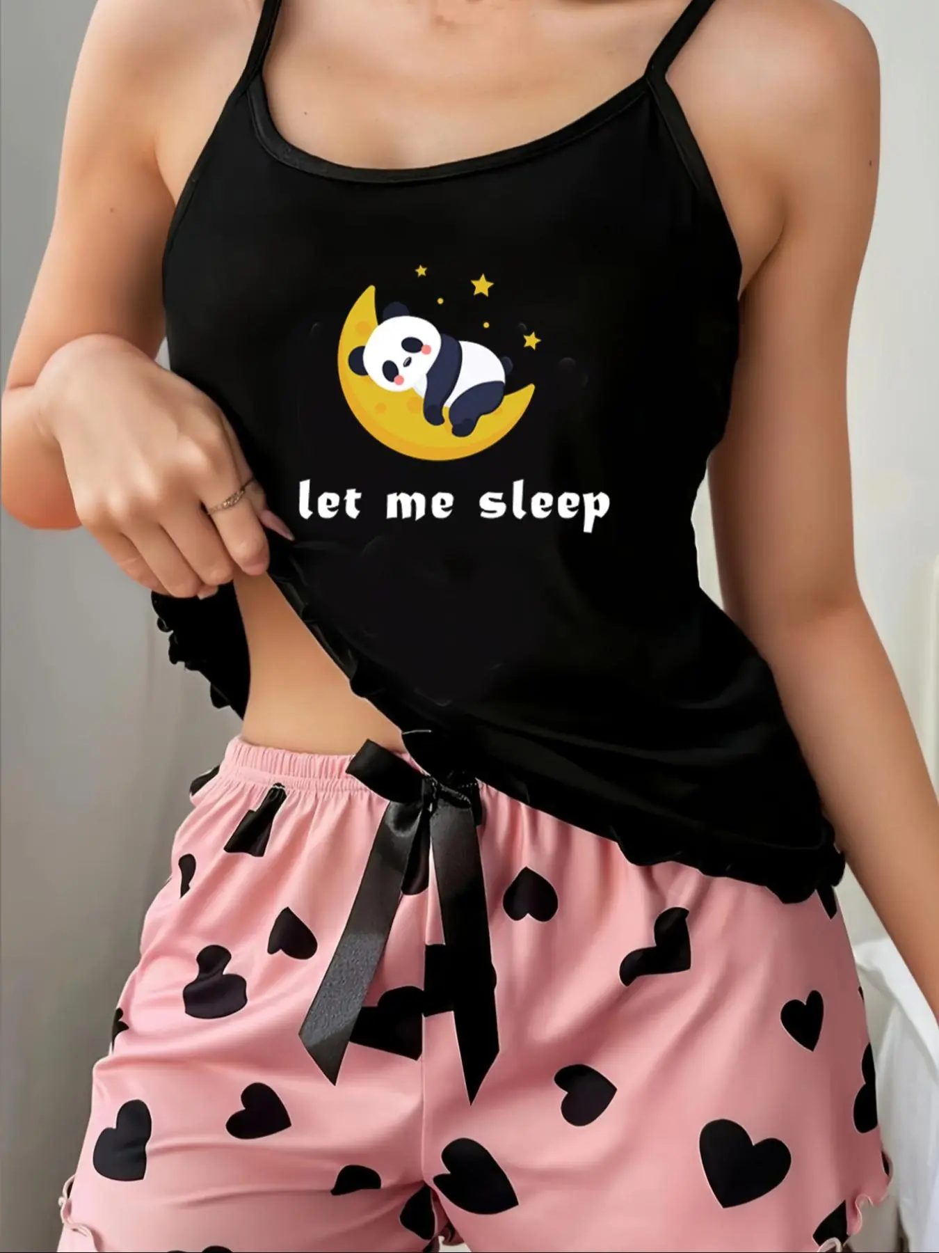 Women's Panda Print Cami Top & Heart Print Elastic Waist Shorts Pyjama Two-piece Set, Casual Comfortable Lettuce Trim Camisole & Bow Decor Shorts PJ Set, Ladies Sleepwear for All Seasons