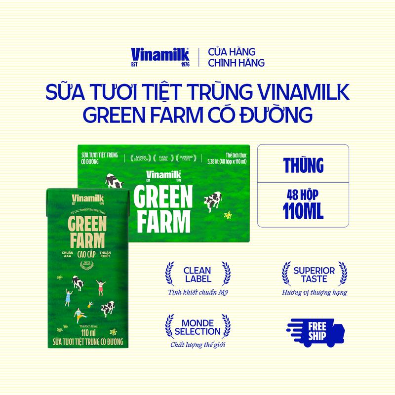 2 Thùng Sữa Tươi Tiệt Trùng Vinamilk Green Farm có đường 110ml 48 hộp/thùng