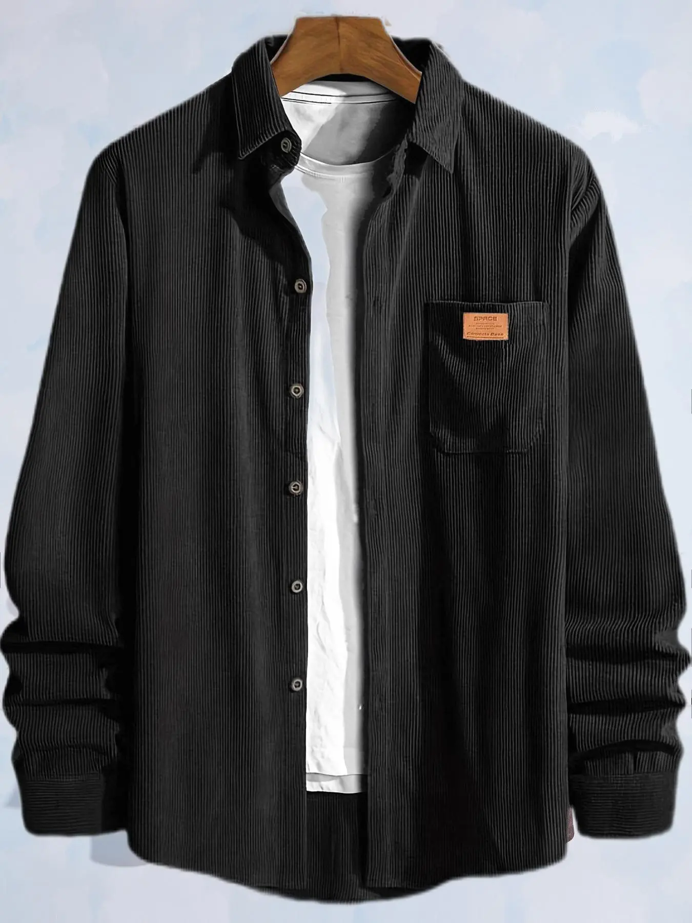 Men's Plain Letter Patched Corduroy Jacket without Tee, Casual Button Front Pocket Jacket for Fall & Winter, Men's Outerwear for Daily Wear, Coat