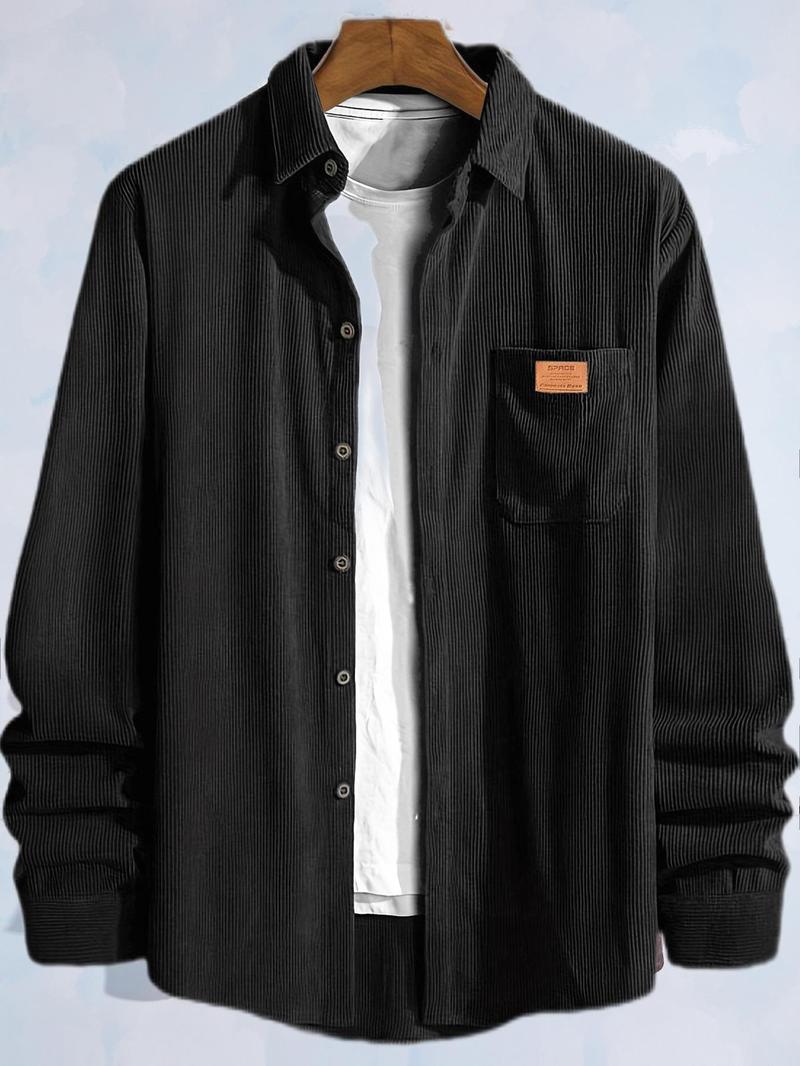 Product Introduction of Men's Plain Letter Patched Corduroy Jacket without Tee, Casual Button Front Pocket Jacket for Fall & Winter, Men's Outerwear for Daily Wear, Coat 2
